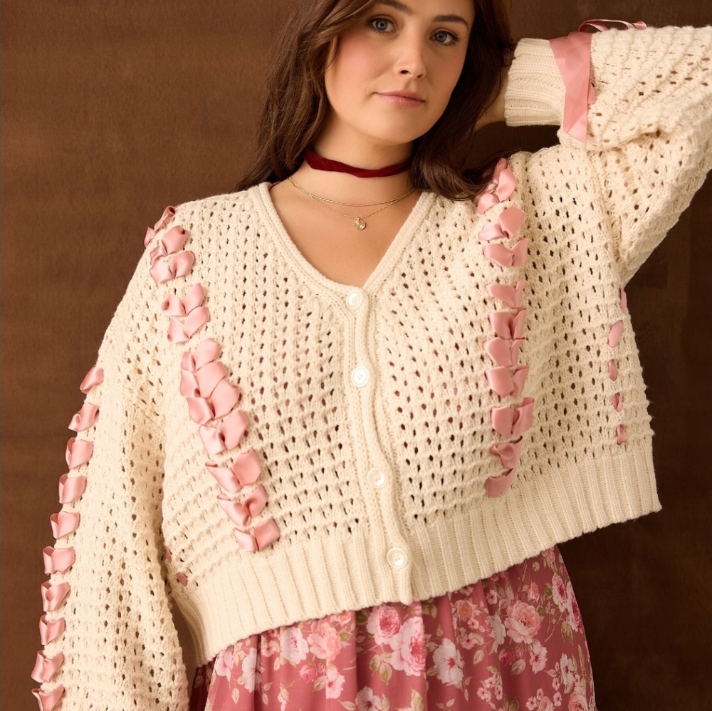 ARULA Cream Crochet Cardigan with Pink Ribbon Detail